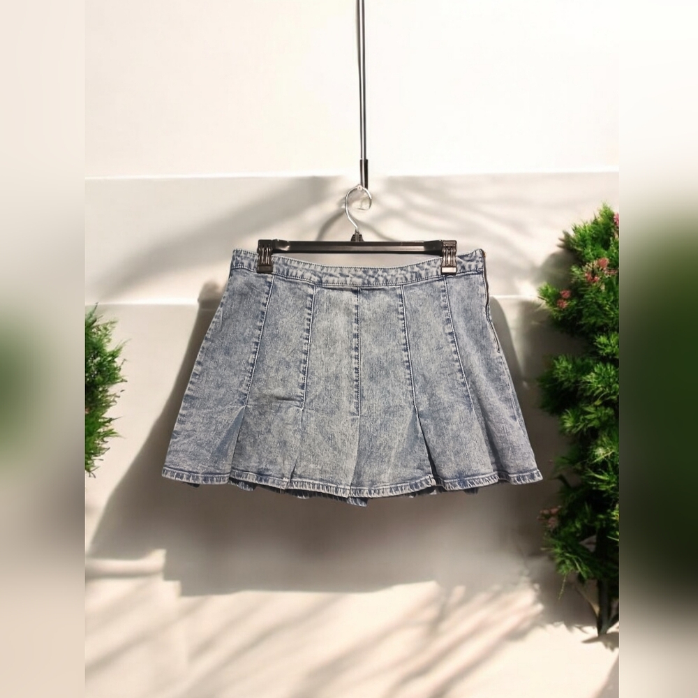 No Boundaries Acid Stone Washed Mini Jean Skirt Pleated Womans Junior Size 19